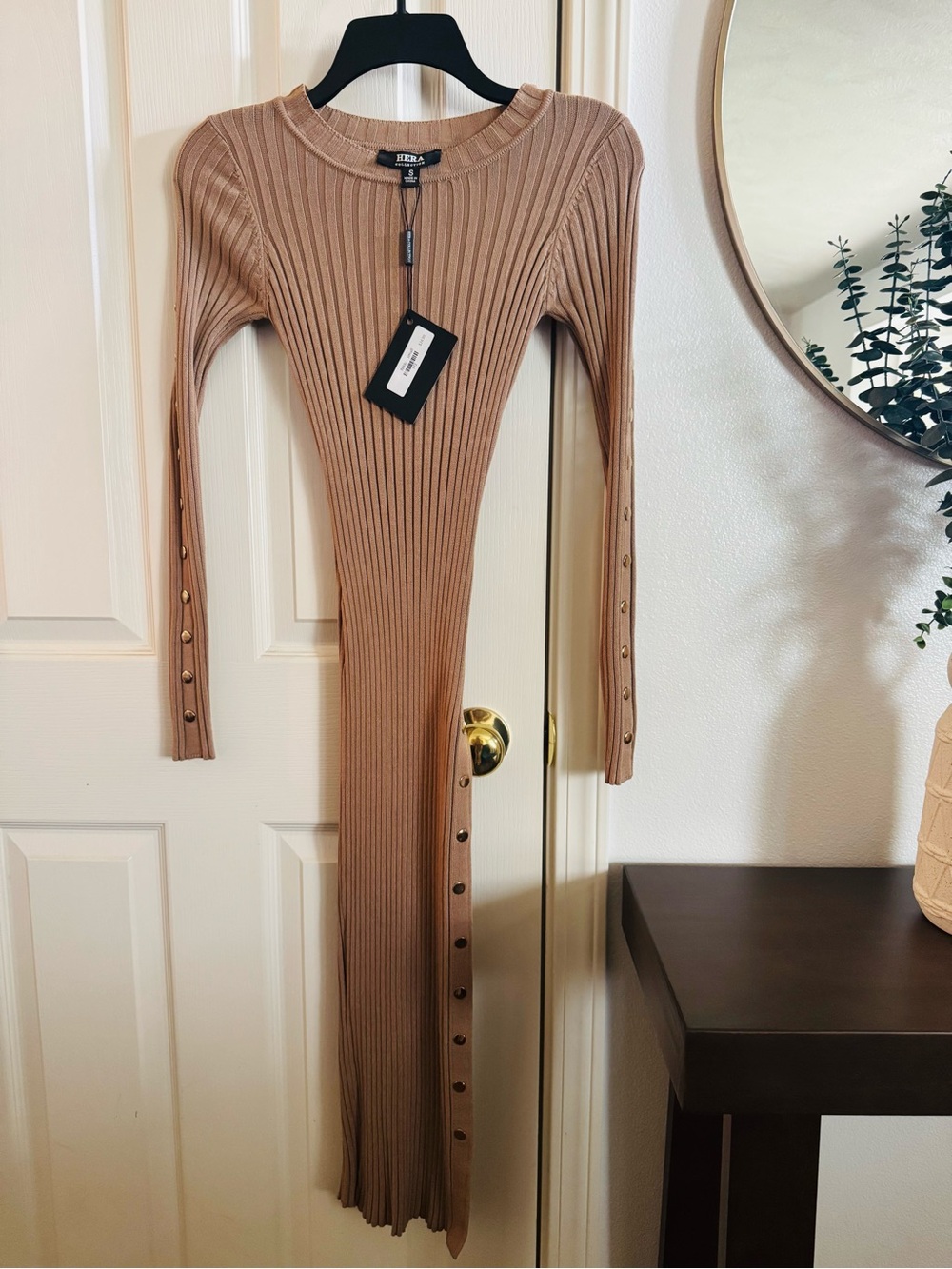 Source Unknown Camel Ribbed Long Sleeve Midi Dress with Side Snap Detail